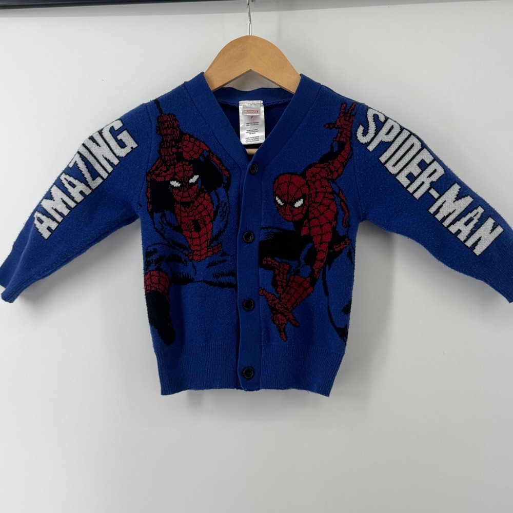 Marvel Spiderman Blue Knit Cardigan Sweater Toddler Boys 2T Button Front Graphic
